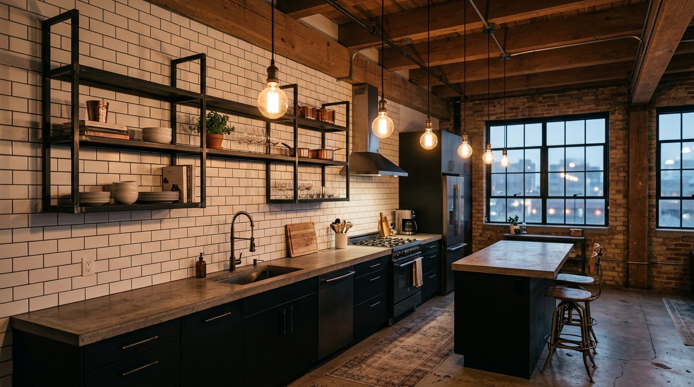 Industrial kitchen with white subway and dark grout in Bristol CT